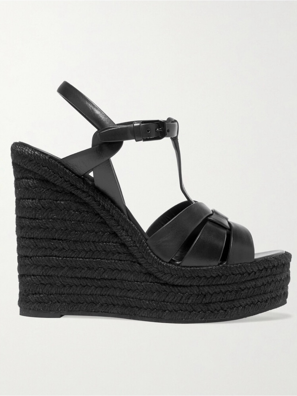 Saint Laurent Tribute Black Leather Woven Espadrille Wedge Sandals 37.5 NWT